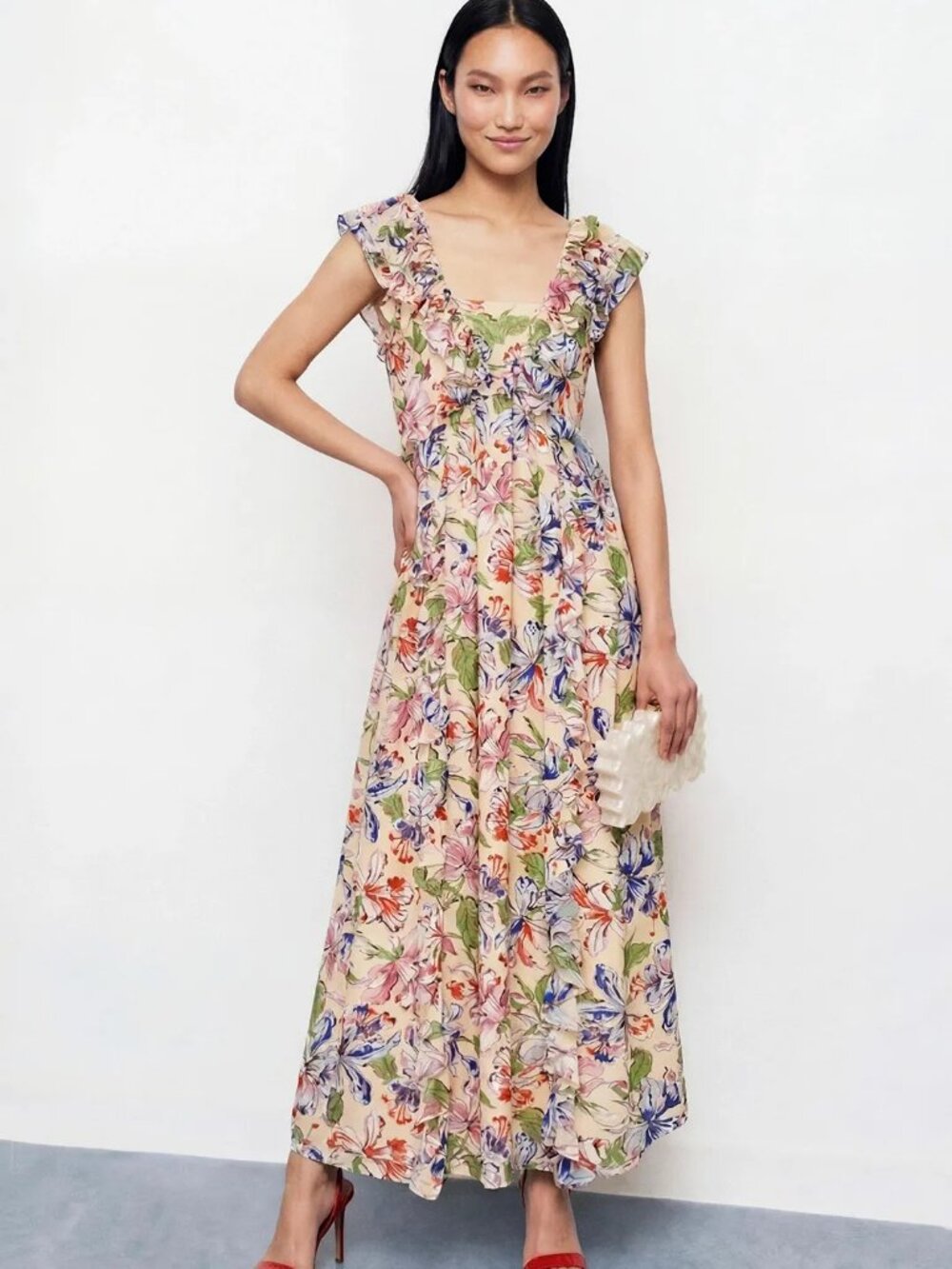 Hofmann Copenhagen Catharina Dress Floral Chiffon Ruffle Open Back Maxi gown 10